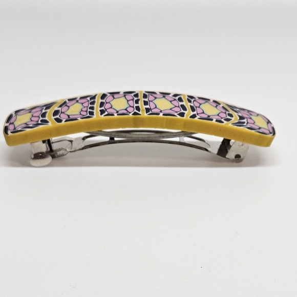 VINTAGE Yellow and Blue Design Clay Hair French Barrette Clip - Picture 2 of 5